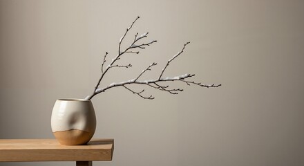 Contemporary ceramic vase with branche on wooden table against wall  