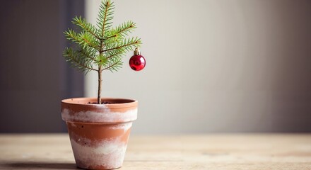 Small Christmas tree with red ornament/decoration  in clay pot on wooden table  
