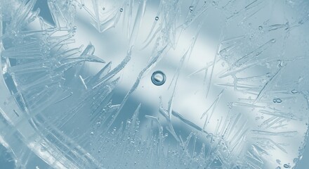 Ice texture with crystal formations and water droplet in blue  