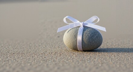 Smooth stone with white ribbon on asphalt background  