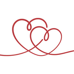 Two intertwined red glitter hearts forming a continuous line isolated on transparent background