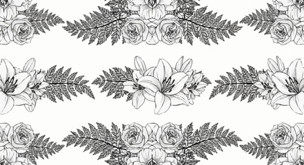 Elegant Floral and Fern Border Design in Black and White.
