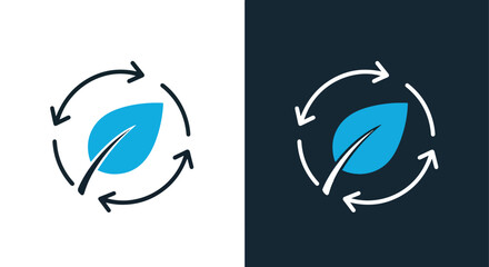 Obraz premium Blue leaf icon in a circular arrow - Vector icon symbol for website - Icon vector - Blue icon vector - Line and glyph solid icon and logo template