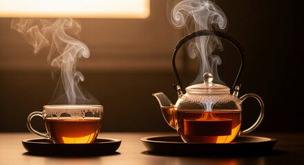 Obraz premium steaming teapot and teacup with rising swirl patterns, soft warm lighting, minimal background