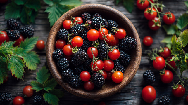Overhead View of Blackberries and Cherry Tomatoes in a Wooden Bowl - Powered by Adobe