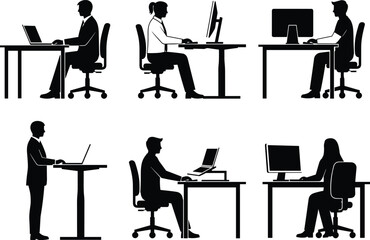Office worker silhouettes using computers at sitting and standing desks, workplace ergonomics set, business posture vector illustration, employees working, side view