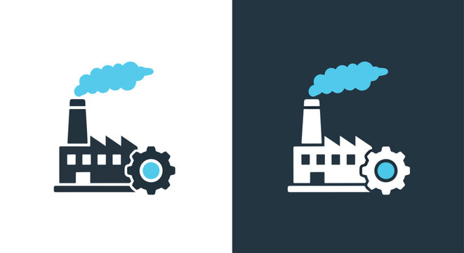 Factory with gear and smoke stack icons - Vector icon symbol for website - Icon vector - Blue icon vector - Line and glyph solid icon and logo template