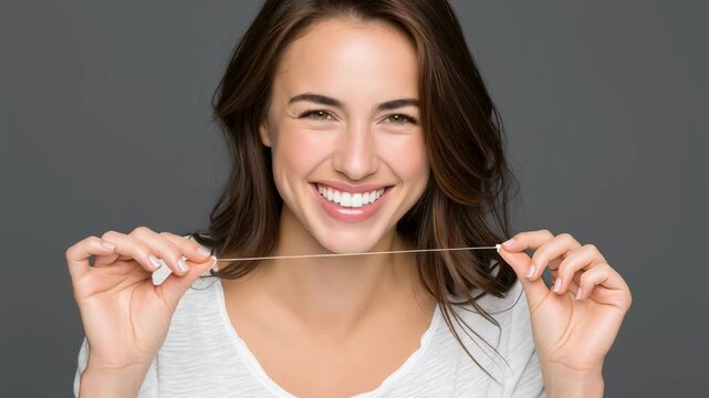 Beautiful smiling woman holding dental floss for oral hygiene