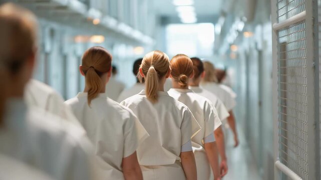 Female inmates in white uniforms walking in a line down a prison hallway