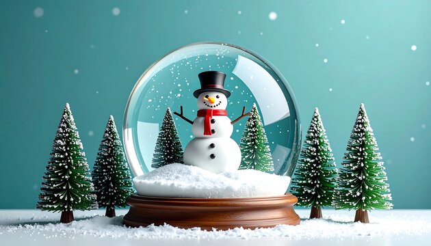 Snow globe with snowman, surrounded by small pine trees, white snow, against a teal backdrop