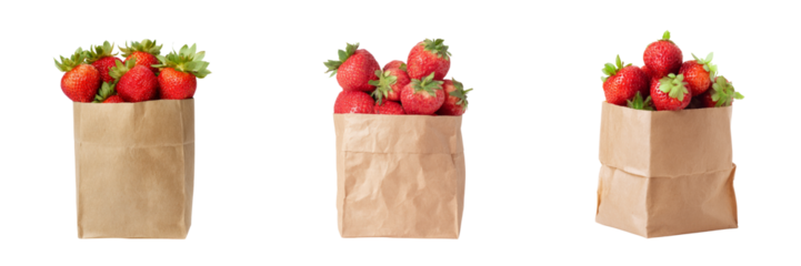 Fresh strawberries in paper bags on a transparent background stylish food photography