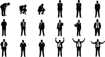Set of businessman silhouettes, vector collection of men in suits, various poses, standing, sitting, and celebrating success.