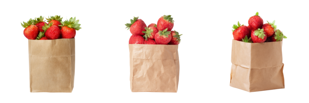 Fresh strawberries in paper bags on a transparent background stylish food photography