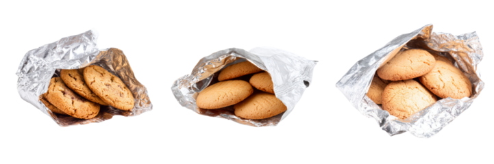 Baked cookies in foil packaging delicious treats transparent background studio setting