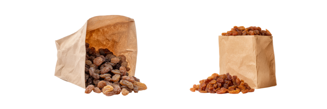 Raisins packaged in paper bags transparent background studio shot healthy snack concept