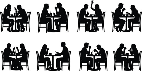 Set of couples sitting at restaurant tables, men and women dining, talking and dating, black and white silhouette vector illustration
