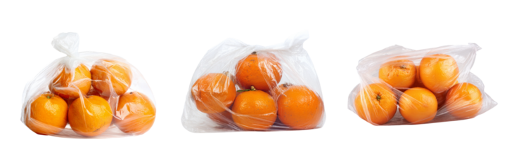 Fresh oranges in clear bags grocery store product photography transparent background
