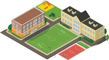Isometric 3D illustration of modern school campus with classroom buildings, green football field, and landscaped trees for education design