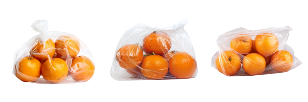 Fresh oranges in clear bags grocery store product photography transparent background