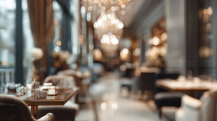 Luxurious dining experience in an elegant restaurant interior. The soft lighting and blurred background create a cozy atmosphere. 