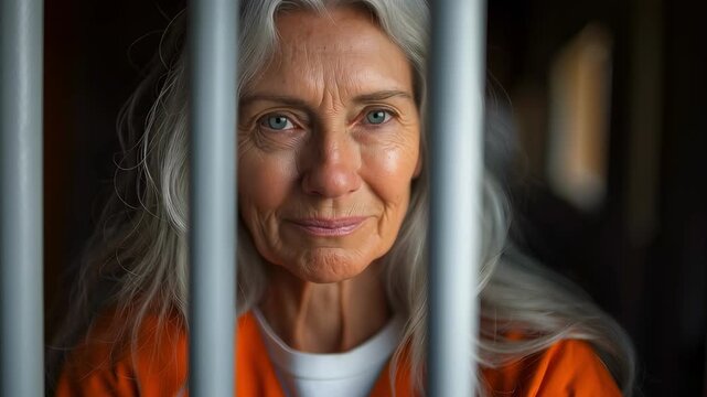 Portrait of a sad senior woman in an orange prison jumpsuit behind white bars
