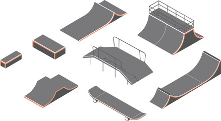 Isometric 3D illustration of skate park ramps and structures including half pipe, quarter pipe, rails, ledges, and fun boxes