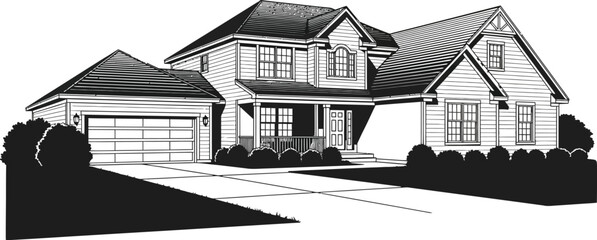 Detailed suburban house illustration, architectural drawing, home design