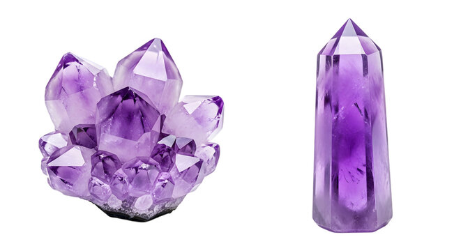 Two purple amethyst crystal clusters and a polished point isolated on a transparent background mineral