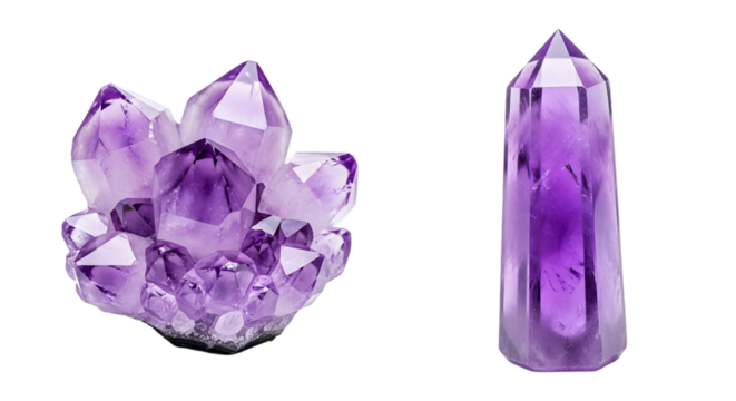 Two purple amethyst crystal clusters and a polished point isolated on a transparent background mineral