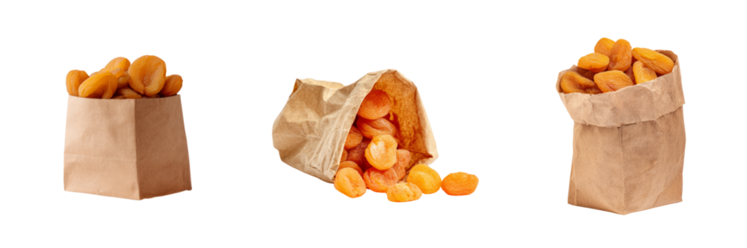 Delicious dried apricots in paper bags transparent background isolated food photography