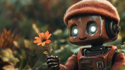 Rustic robot gently holding a flower blending nature and technology in a poetic Valentine’s theme.