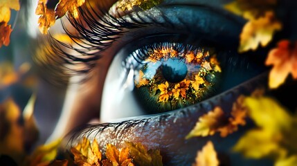 Closeup eye with autumn foliage symbolizing introspection, inner seasons and reflective emotional depth.