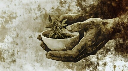 Weathered hands holding a bowl with a young plant symbolizing inner peace, spiritual growth and gentle care