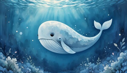 Adorable cartoon whale swimming gracefully in a magical underwater world with glowing ocean plants