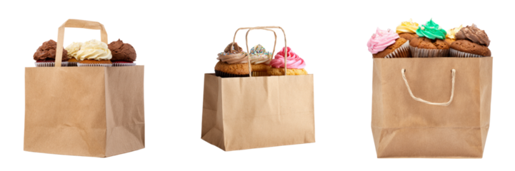 Delicious cupcakes in a brown bag bakery display food photography transparent background