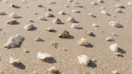Close-up of numerous seashells scattered across a sandy beach under natural light.
