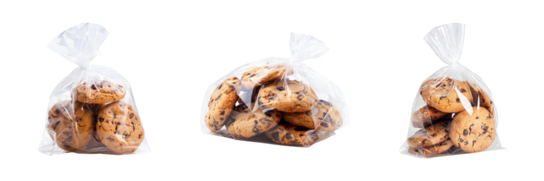 Delicious cookies in clear bags studio setting food photography transparent background