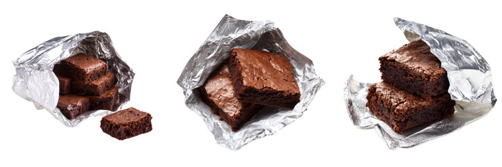 Decadent brownies wrapped in foil on a transparent background gourmet desserts photography