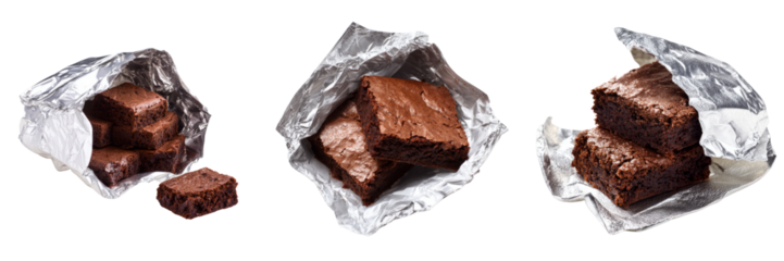 Decadent brownies wrapped in foil on a transparent background gourmet desserts photography