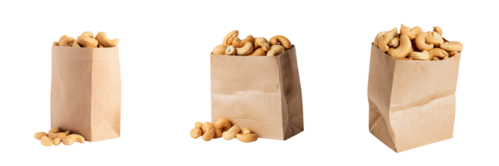 Cashew nuts in paper bags studio setting high-quality image with transparent background