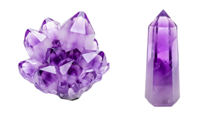 Two purple amethyst crystal formations one clustered and one polished tower isolated on a transparent background