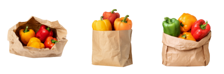 Fresh bell peppers in paper bags transparent background grocery store display colorful arrangement