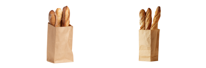 Fresh baguettes in brown paper bag bakery display food photography transparent background