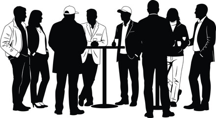 Silhouette vector illustration of people group talking at party, business networki friends standing around table drinking, social gathering, black and white