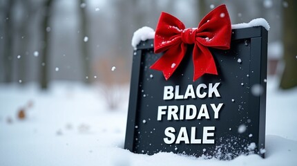 A "Black Friday Sale" sign with a red bow, set in a snowy landscape with falling snowflakes.