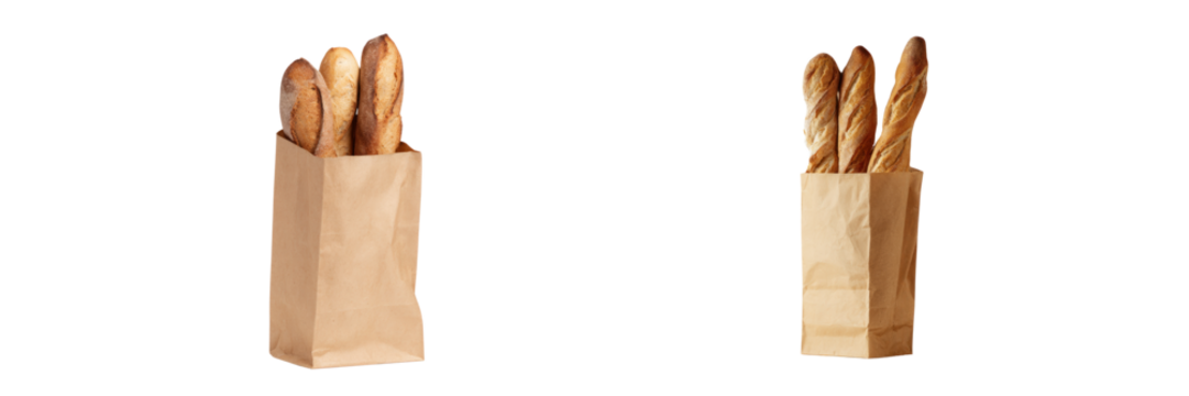 Fresh baguettes in brown paper bag bakery display food photography transparent background - Powered by Adobe