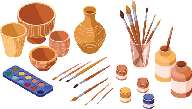 Isometric art supplies illustration, pottery bowls, paintbrushes, watercolor palette, ceramic jars, creative workspace, craft tools, artistic design elements, painting concept]