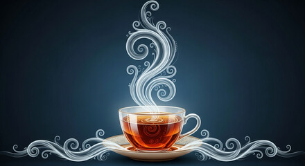 teacup surrounded by swirling steam lines forming decorative shapes, digital art