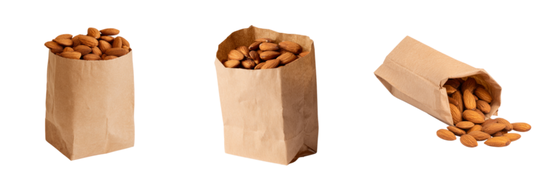 Almonds in brown paper bag transparent background food photography studio environment - Powered by Adobe