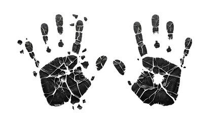 Two shattered handprints with cracked glass texture and white outlines isolated on a transparent background